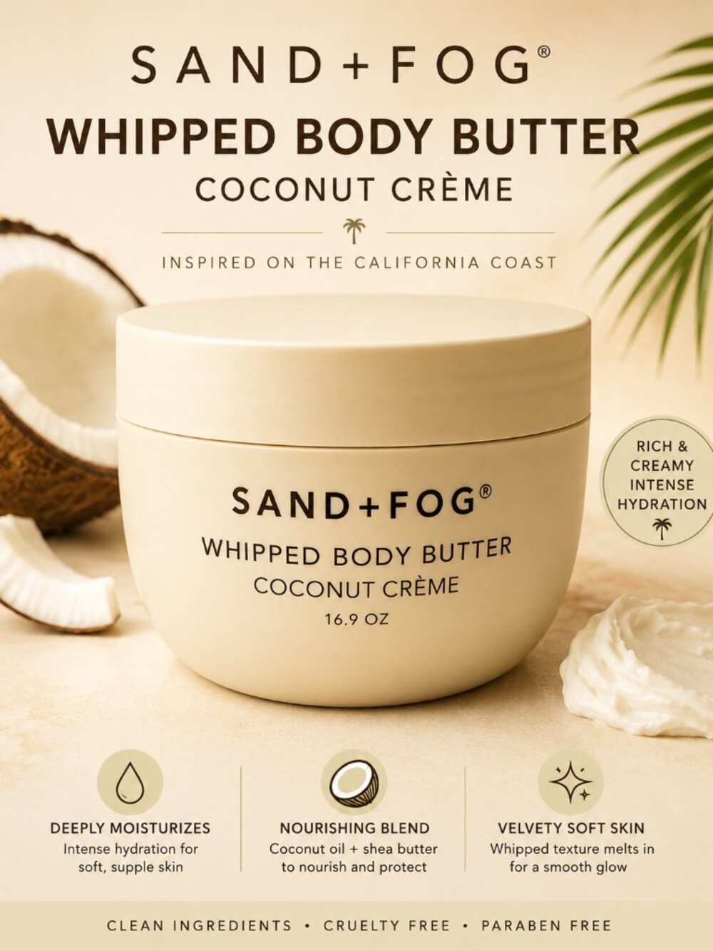 Sand + Fog Coconut Crème Whipped Body Butter 16.9 oz New